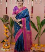 Blue ethnic motifs zari silk blend banarasi saree