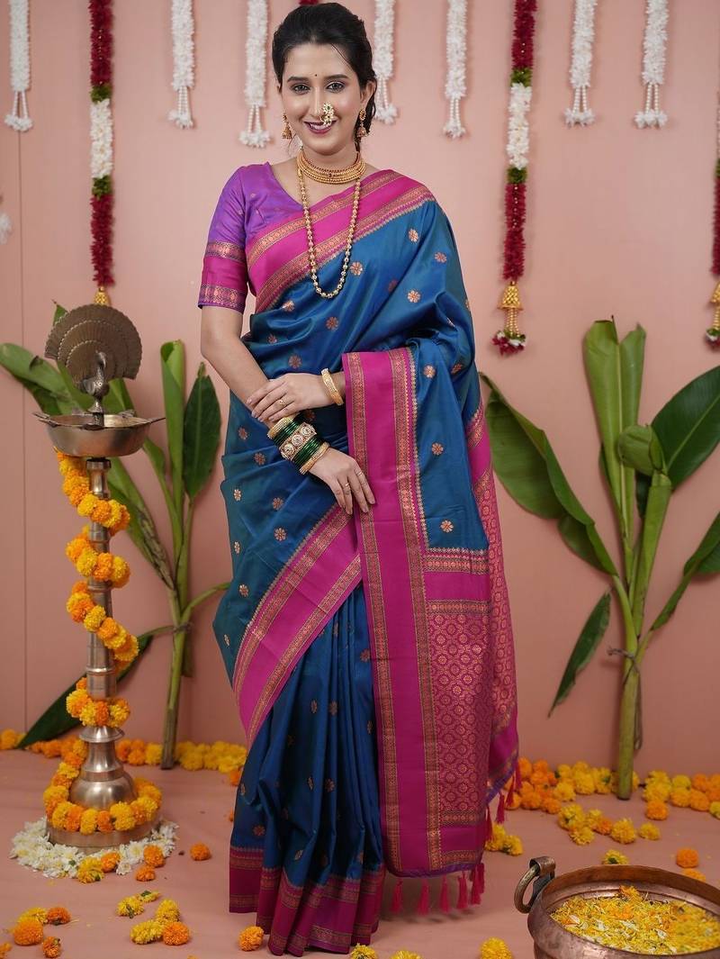 Blue ethnic motifs zari silk blend banarasi saree