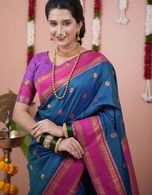 Blue ethnic motifs zari silk blend banarasi saree 2