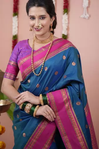 Blue ethnic motifs zari silk blend banarasi saree