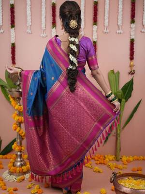 Blue ethnic motifs zari silk blend banarasi saree 3