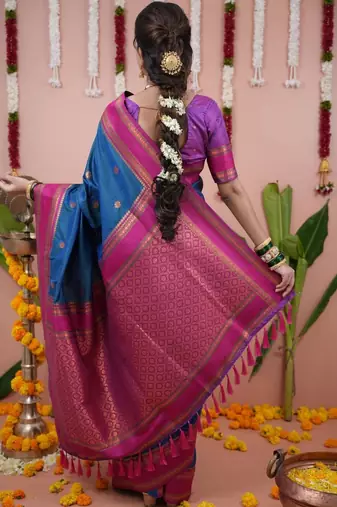 Blue ethnic motifs zari silk blend banarasi saree