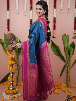 Blue ethnic motifs zari silk blend banarasi saree 4
