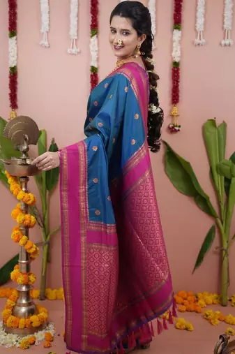 Blue ethnic motifs zari silk blend banarasi saree