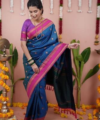 Blue ethnic motifs zari silk blend banarasi saree 5