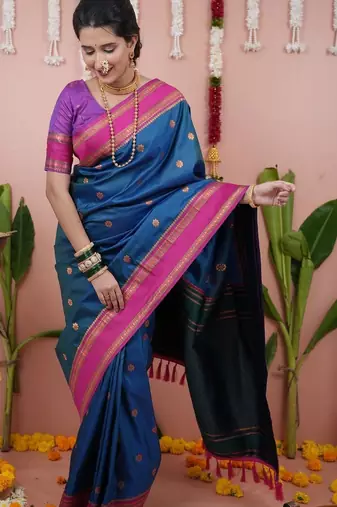 Blue ethnic motifs zari silk blend banarasi saree