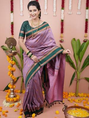 Purple woven design zari silk blend banarasi saree 4