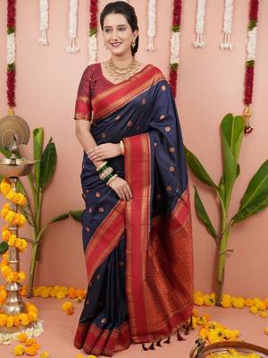 Navy blue ethnic motifs zari silk blend banarasi saree 1