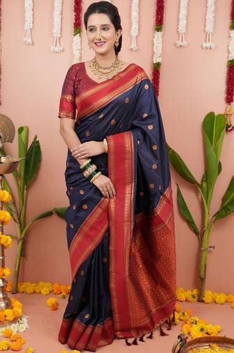 Navy blue ethnic motifs zari silk blend banarasi saree