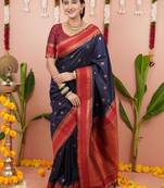 Navy blue ethnic motifs zari silk blend banarasi saree