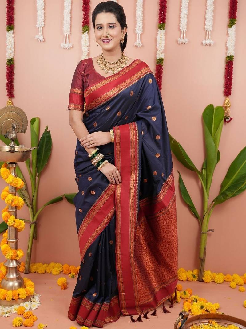 Navy blue ethnic motifs zari silk blend banarasi saree