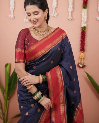 Navy blue ethnic motifs zari silk blend banarasi saree 2