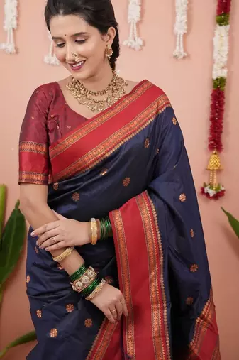Navy blue ethnic motifs zari silk blend banarasi saree