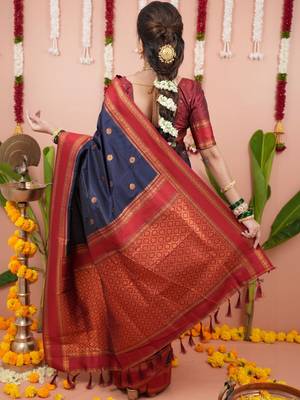 Navy blue ethnic motifs zari silk blend banarasi saree 3