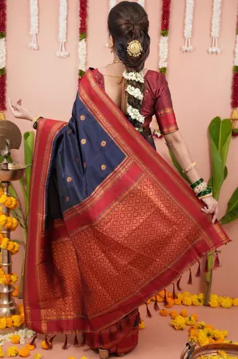 Navy blue ethnic motifs zari silk blend banarasi saree