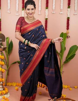 Navy blue ethnic motifs zari silk blend banarasi saree 4