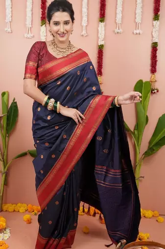 Navy blue ethnic motifs zari silk blend banarasi saree