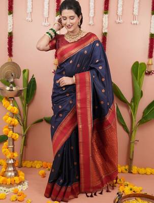 Navy blue ethnic motifs zari silk blend banarasi saree 5