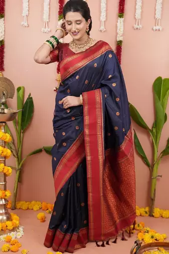 Navy blue ethnic motifs zari silk blend banarasi saree