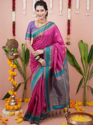Pink ethnic motifs zari silk blend banarasi saree 1