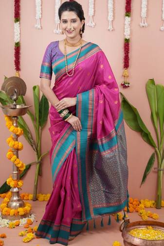 Pink ethnic motifs zari silk blend banarasi saree