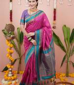 Pink ethnic motifs zari silk blend banarasi saree