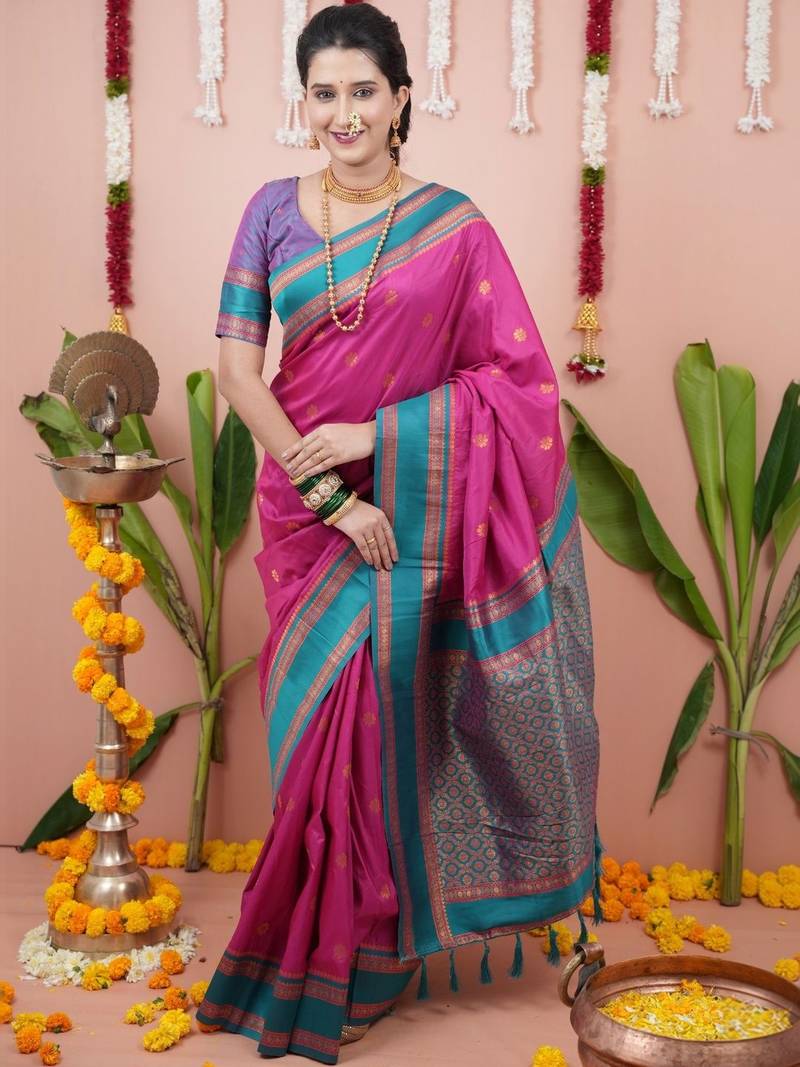 Pink ethnic motifs zari silk blend banarasi saree