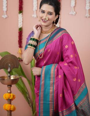Pink ethnic motifs zari silk blend banarasi saree 2
