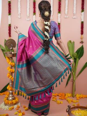 Pink ethnic motifs zari silk blend banarasi saree 3