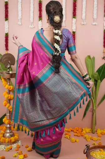 Pink ethnic motifs zari silk blend banarasi saree