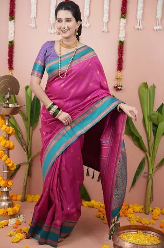 Pink ethnic motifs zari silk blend banarasi saree
