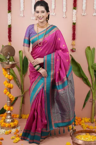 Pink ethnic motifs zari silk blend banarasi saree