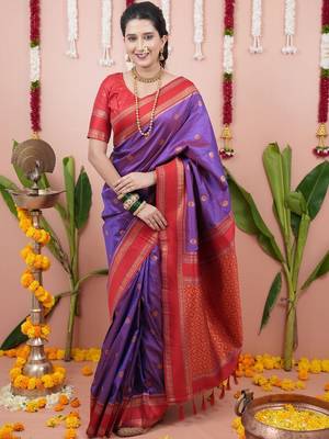 Purple woven design zari silk blend banarasi saree 1