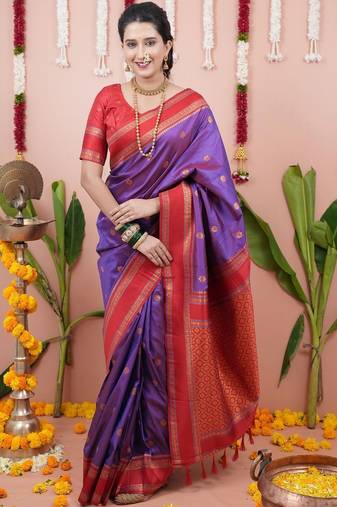 Purple woven design zari silk blend banarasi saree