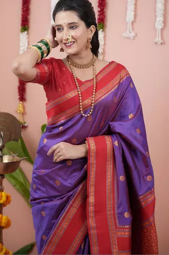 Purple woven design zari silk blend banarasi saree