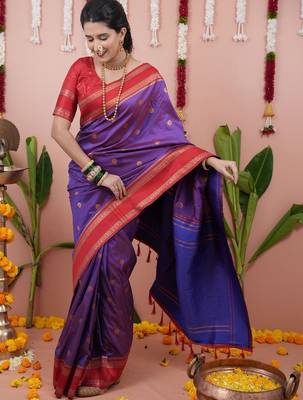 Purple woven design zari silk blend banarasi saree 4
