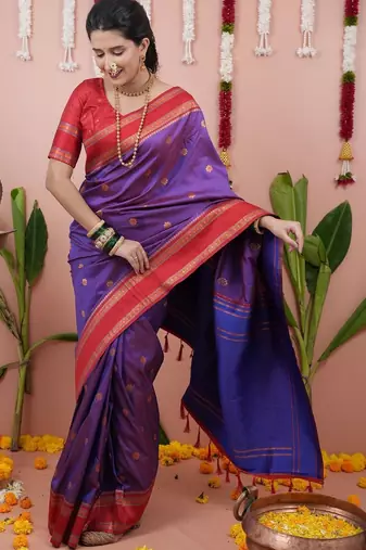 Purple woven design zari silk blend banarasi saree