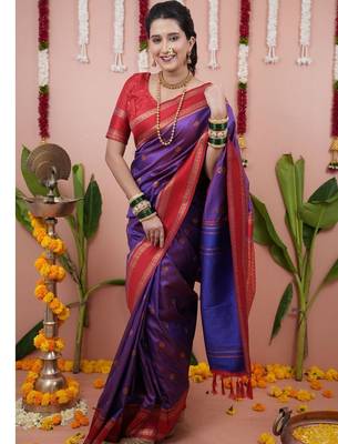 Purple woven design zari silk blend banarasi saree 5