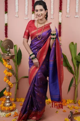 Purple woven design zari silk blend banarasi saree