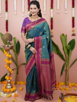 Green woven design zari silk blend banarasi saree 1