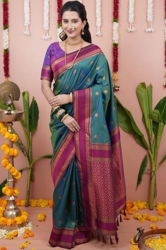 Green woven design zari silk blend banarasi saree