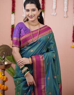 Green woven design zari silk blend banarasi saree 2