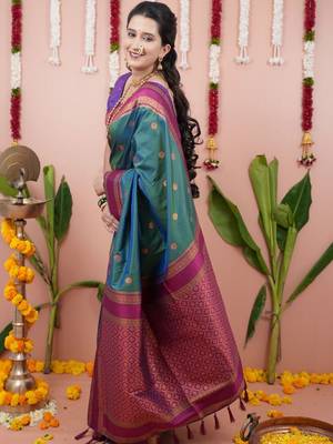 Green woven design zari silk blend banarasi saree 5