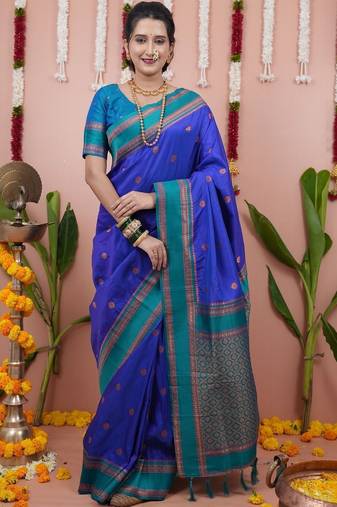 Blue ethnic motifs zari silk blend banarasi saree