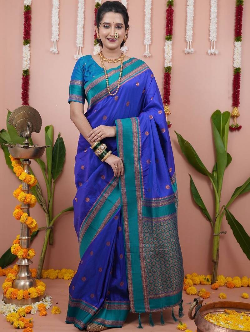 Blue ethnic motifs zari silk blend banarasi saree