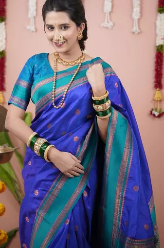 Blue ethnic motifs zari silk blend banarasi saree