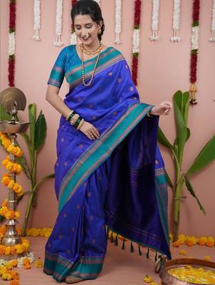Blue ethnic motifs zari silk blend banarasi saree 4
