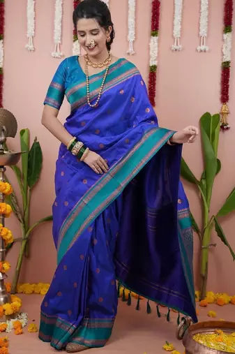 Blue ethnic motifs zari silk blend banarasi saree