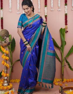 Blue ethnic motifs zari silk blend banarasi saree 5