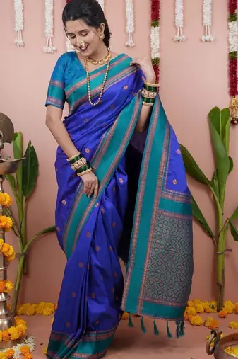 Blue ethnic motifs zari silk blend banarasi saree
